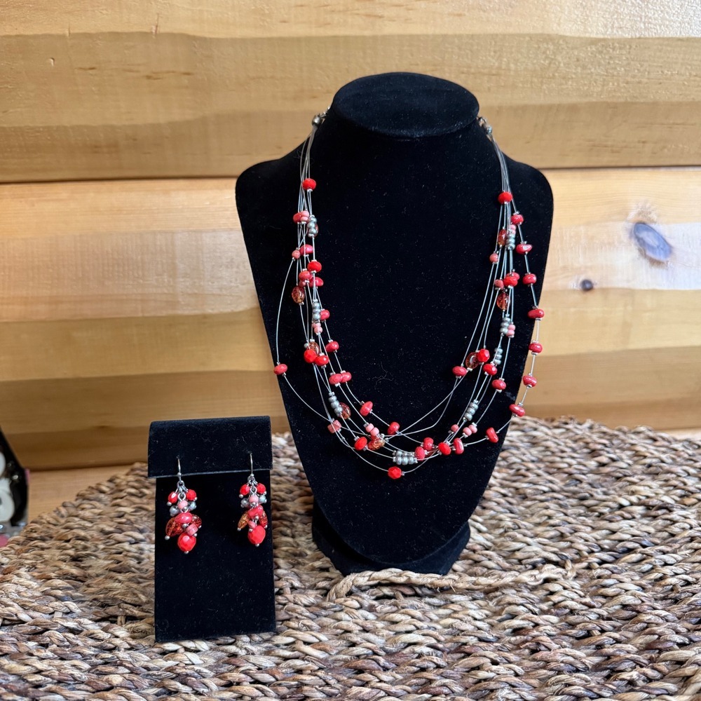 Chico's Modernist Pink Red and Silver Bead Wired Necklace and Earrings Set